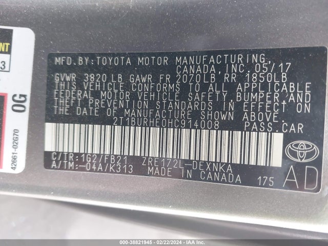 Toyota COROLLA LE 2017 2T1BURHE0HC914008 Image 9