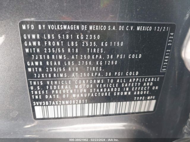 3VV3B7AX2NM062811 Volkswagen Tiguan 2.0t Se