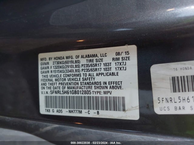 Honda Odyssey Ex-l 2016 5FNRL5H61GB012805 Image 9