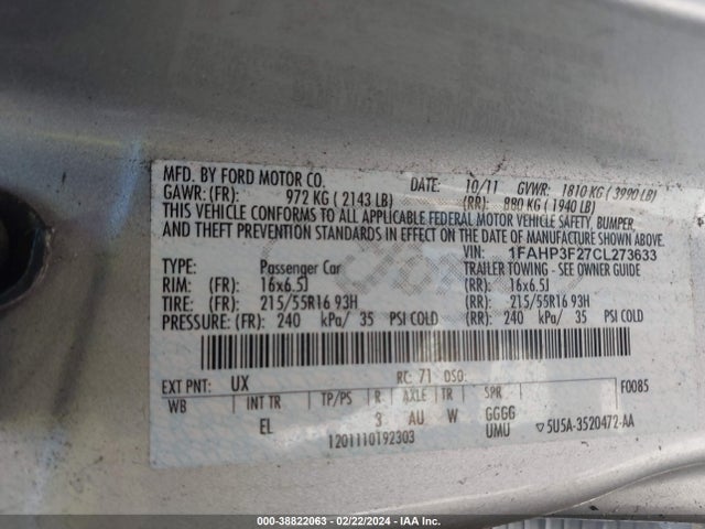 2012 FORD FOCUS SE VIN: 1FAHP3F27CL273633