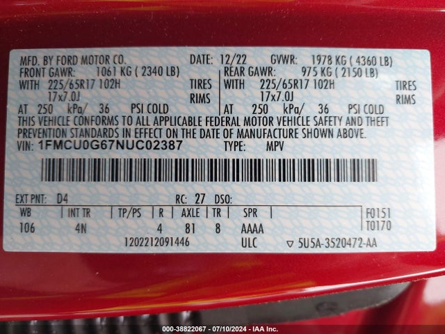 Ford ESCAPE SE 2022 1FMCU0G67NUC02387 Image 9