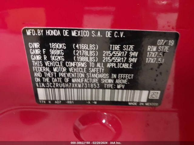 3CZRU6H7XKM731853 Honda Hr-v Ex-l