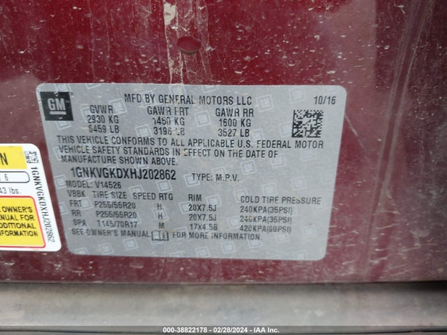 Chevrolet Traverse 1lt 2017 1GNKVGKDXHJ202862 Image 9