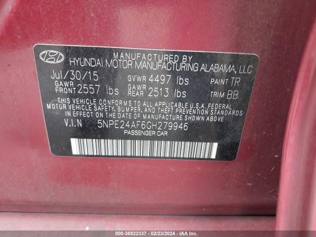 Hyundai SONATA SE 2016 5NPE24AF6GH279946 Image 9
