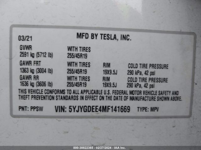 2021 TESLA MODEL Y 5YJYGDEE4MF141669 Photo 8