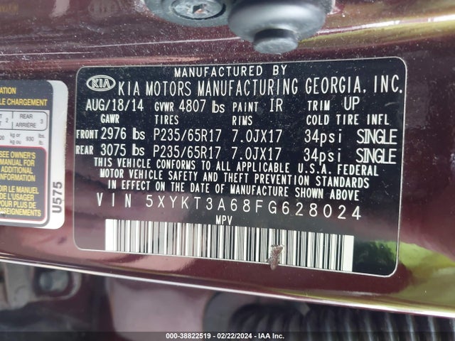 KIA SORENTO LX 2015 5XYKT3A68FG628024 Image 9