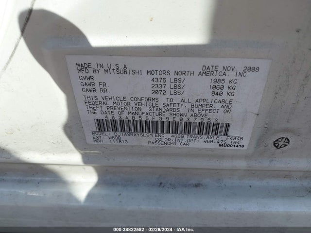 2009 MITSUBISHI GALANT 4A3AB56F39E037953 Photo 8