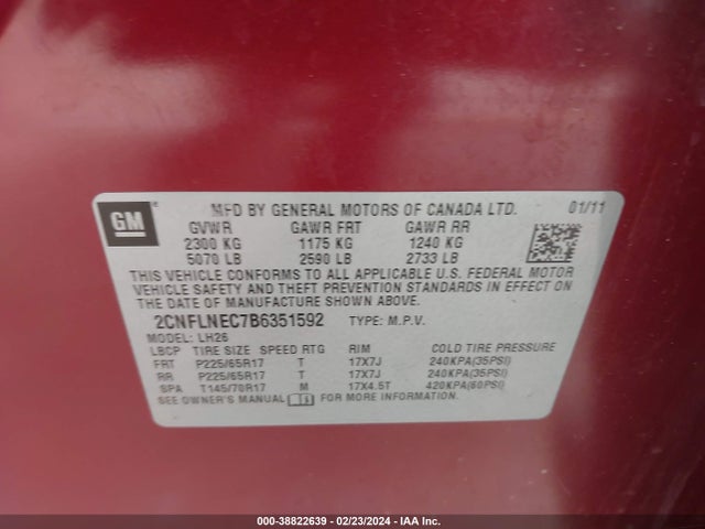 2011 CHEVROLET EQUINOX 2LT VIN: 2CNFLNEC7B6351592