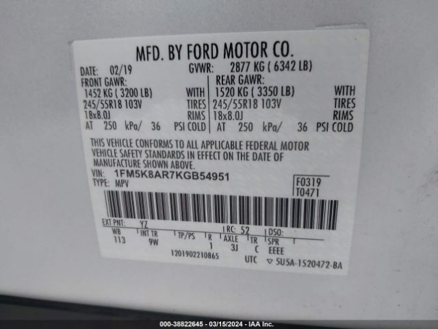 1FM5K8AR7KGB54951 Ford Police Interceptor Utility
