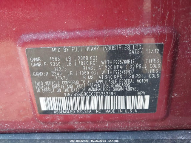 2013 SUBARU OUTBACK 2.5I PREMIUM VIN: 4S4BRCCC7D3262393
