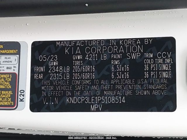 KNDCP3LE1P5108514 KIA NIRO LX