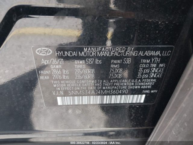 2021 HYUNDAI SANTA FE 5NMS34AJ4MH360490 Photo 8