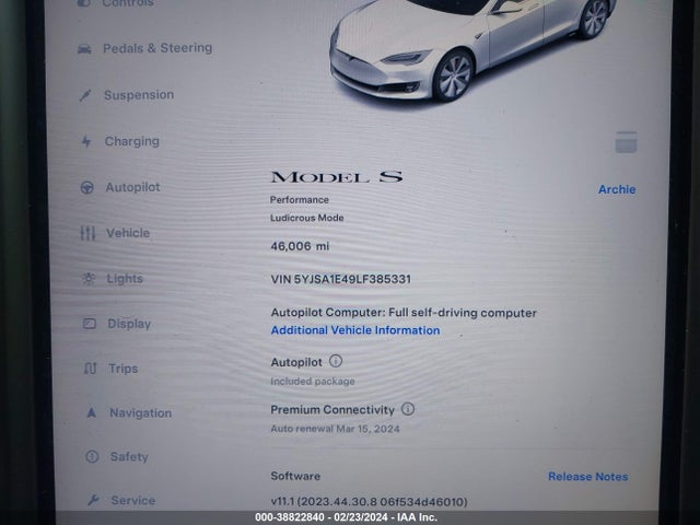 Tesla Model S Performance Dual Motor All-wheel Drive 2020 5YJSA1E49LF385331 Image 15