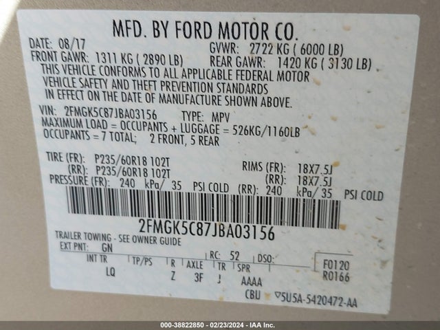 Ford FLEX SEL 2018 2FMGK5C87JBA03156 Image 9