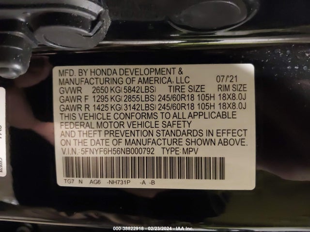 Honda Pilot Awd Ex-l 2022 5FNYF6H56NB000792 Image 9