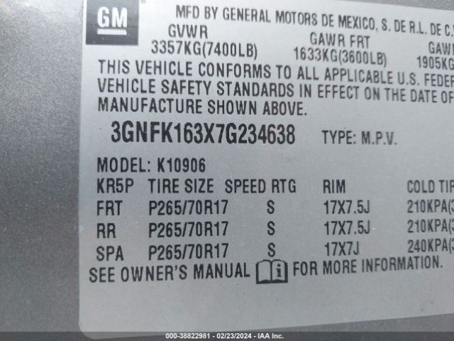 2007 CHEVROLET SUBURBAN 3GNFK163X7G234638 Photo 8