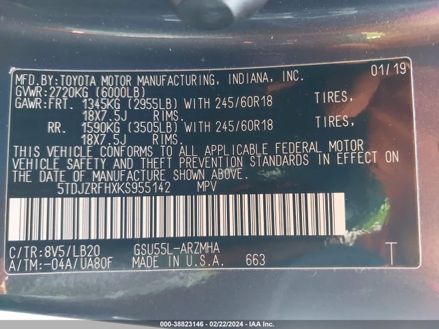 Toyota Highlander Xle 2019 5TDJZRFHXKS955142 Image 9