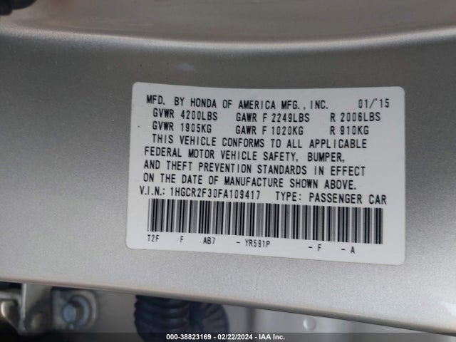 Honda ACCORD LX 2015 1HGCR2F30FA109417 Image 9