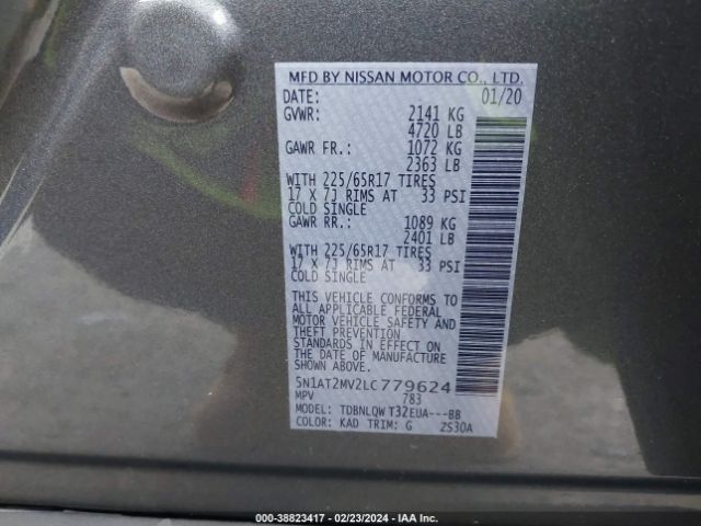 5N1AT2MV2LC779624 Nissan Rogue Sv Intelligent Awd