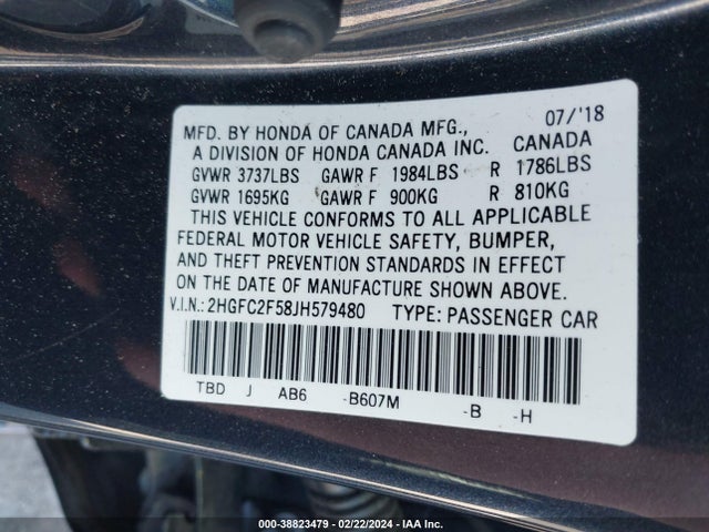 Honda Civic Lx 2018 2HGFC2F58JH579480 Image 9