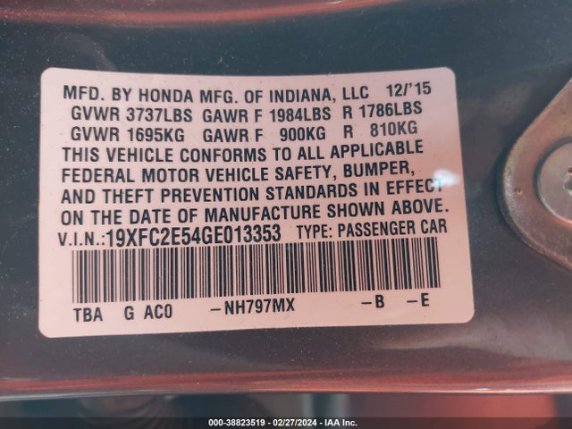 Honda Civic Lx 2016 19XFC2E54GE013353 Image 9