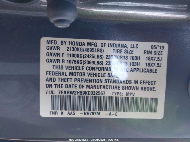 38823652 :رقم المزاد ، 7FARW2H59KE032567 vin ، 2019 Honda Cr-v Ex مزاد بيع