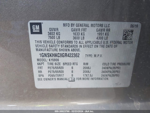 Chevrolet Suburban Lt 2016 1GNSKHKC8GR422362 Image 9