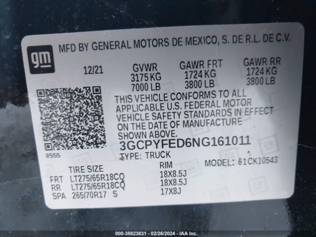 3GCPYFED6NG161011 Chevrolet Silverado 1500 Ltd 4wd  Short Bed Lt Trail Boss