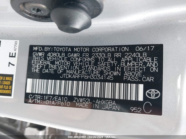 38823991 :رقم المزاد ، JTDKARFP6H3034145 vin ، 2017 Toyota Prius Prime Premium مزاد بيع