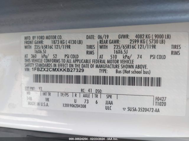 1FBZX2CMXKKB27329 Ford Transit-350 Xl