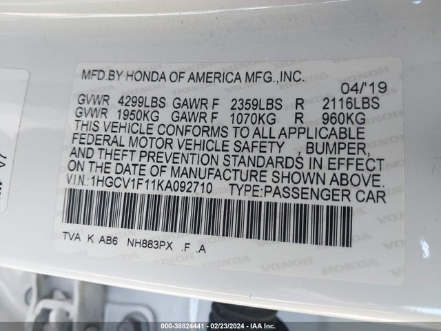 Honda ACCORD LX 2019 1HGCV1F11KA092710 Image 9