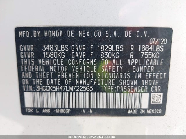 2020 HONDA FIT LX VIN: 3HGGK5H47LM722565