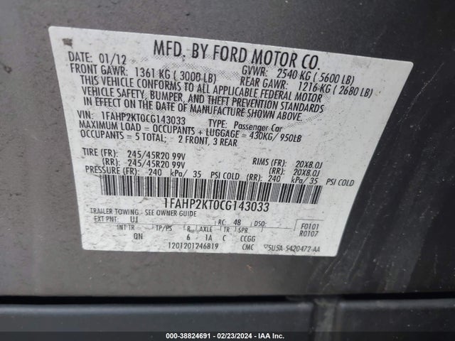 38824691 :رقم المزاد ، 1FAHP2KT0CG143033 vin ، 2012 Ford Taurus Sho مزاد بيع