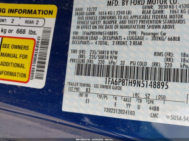 1FA6P8TH9N5148895 Ford Mustang Ecoboost Premium Fastback