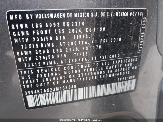 2018 VOLKSWAGEN TIGUAN 3VV4B7AX2JM133648 Photo 8