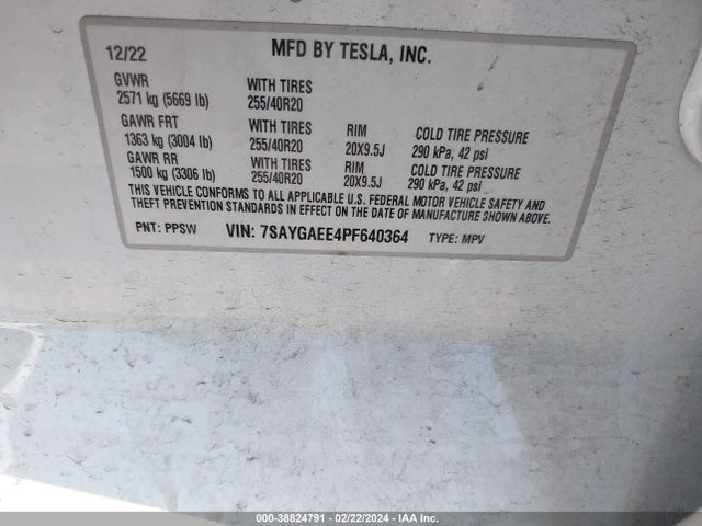 7SAYGAEE4PF640364 Tesla Model Y Awd/long Range Dual Motor All-wheel Drive