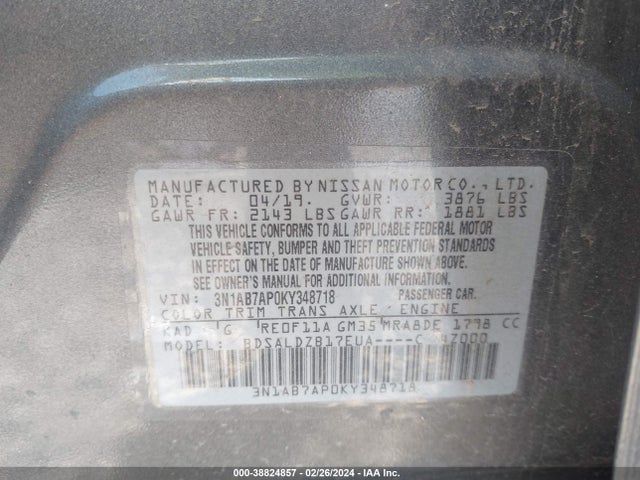 Nissan SENTRA SV 2019 3N1AB7AP0KY348718 Image 9