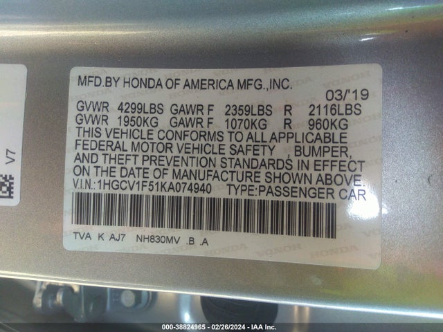Honda Accord Ex-l 2019 1HGCV1F51KA074940 Image 9
