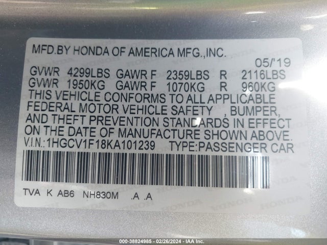 2019 HONDA ACCORD LX VIN: 1HGCV1F18KA101239