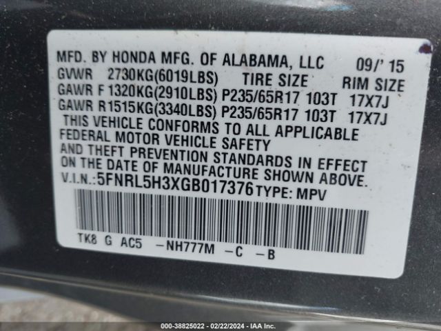 5FNRL5H3XGB017376 Honda ODYSSEY SE