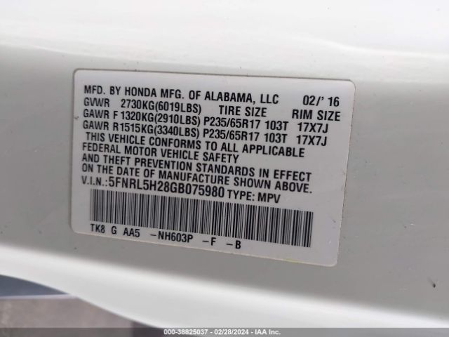 5FNRL5H28GB075980 Honda ODYSSEY LX