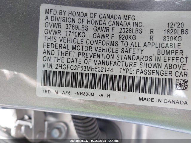 Honda Civic Lx 2021 2HGFC2F63MH532144 Image 9
