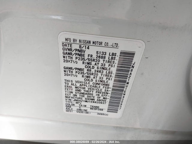 Nissan Murano Le 2014 JN8AZ1MU1EW420937 Image 9