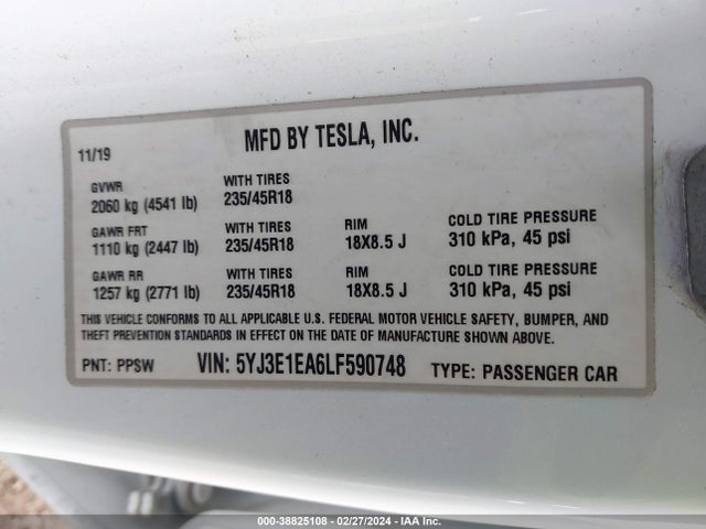5YJ3E1EA6LF590748 Tesla MODEL 3