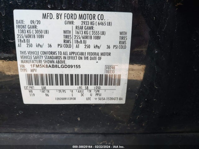 2020 FORD POLICE INTERCEPTOR UTILITY VIN: 1FM5K8AB8LGD09155
