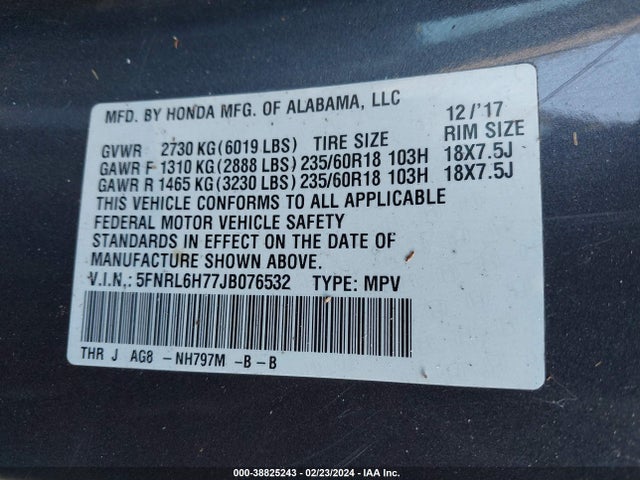 2018 HONDA ODYSSEY EX-L VIN: 5FNRL6H77JB076532