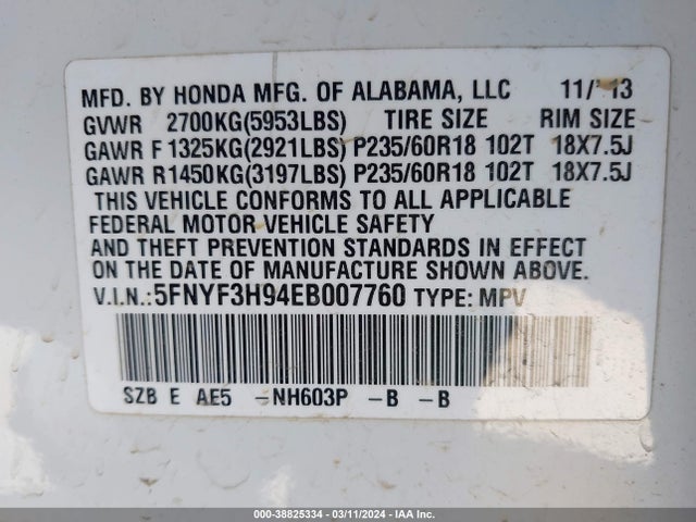 Honda Pilot Touring 2014 5FNYF3H94EB007760 Image 9
