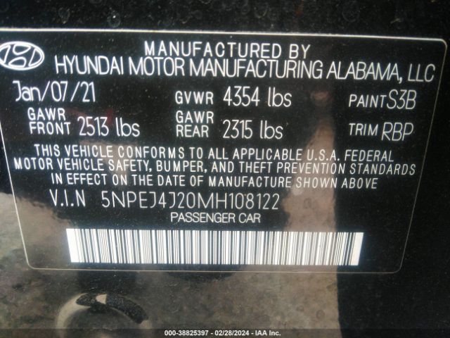 5NPEJ4J20MH108122 Hyundai Sonata Sel Plus