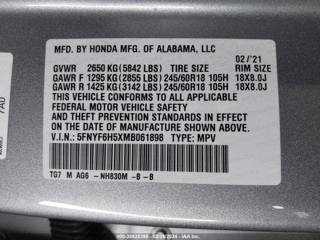 Honda Pilot Awd Ex-l 2021 5FNYF6H5XMB061898 Image 9
