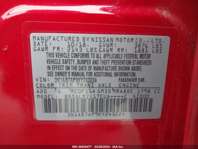 Nissan SENTRA SR 2019 3N1AB7AP9KY243224 Image 9